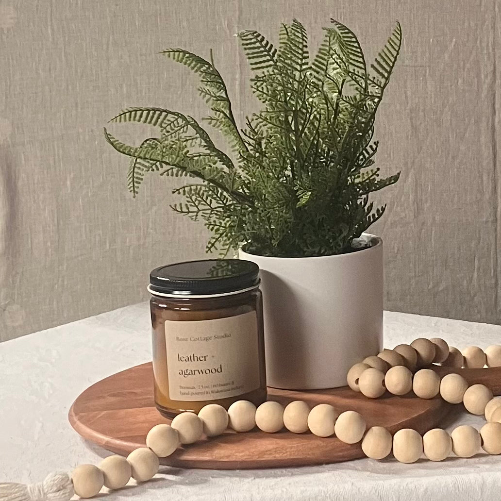 Leather + Agarwood Beeswax Candle